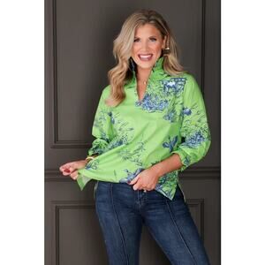 House of MBR Harper Green Fields and Feathers Long Sleeve Blouse $238 NWT S